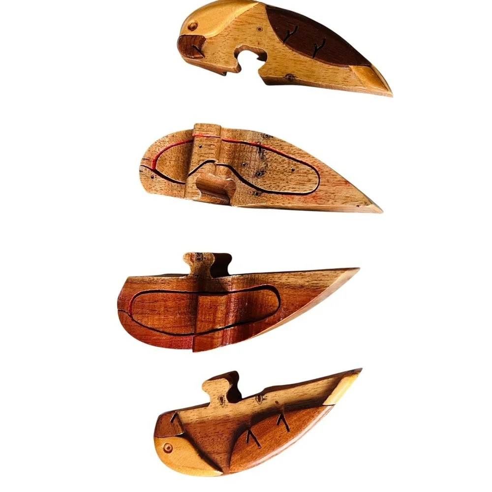Vintage Wooden Puzzle Trinket Box Love Birds Parrot Hand Carved Artisan Folkart